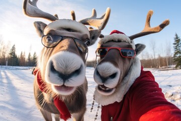 two christmas reindeer in santa claus costume celebrating christmas and new year taking selfie with phone - obrazy, fototapety, plakaty