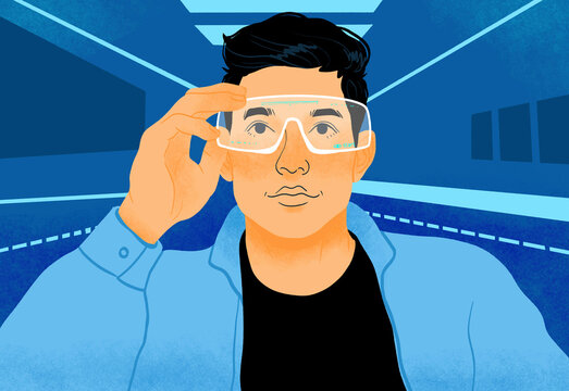 Man wearing augmented reality glasses, illustration