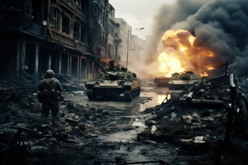 fragment of war, military action tanks against the background of explosions