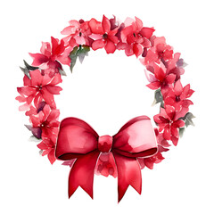 Christmas wreath with red bow, watercolored style painted