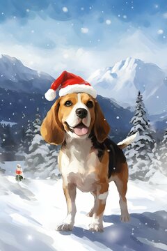 Beagle with santa hat in the snowy mountains