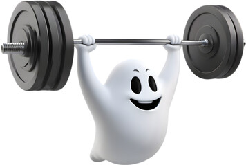 A Cute ghost cartoon character lifts weights while floating in the air.  - obrazy, fototapety, plakaty