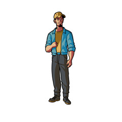 Obraz premium Confident and Friendly Farmer Cartoon Character Illustration in Blue Shirt and Hat