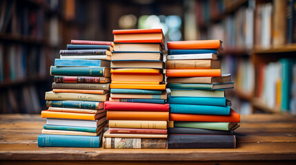 stack of old colorful books in the library