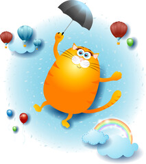 Sky landscape with flying fat cat with umbrella. Vector illustration eps10