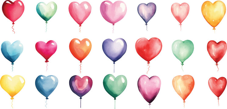 Set of watercolor heart shaped balloons on white background.