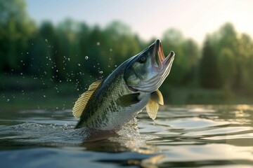 Small bass taking off river. Nature fish animal catch closeup. Generate Ai - obrazy, fototapety, plakaty
