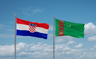 Turkmenistan and Croatia flags, country relationship concept