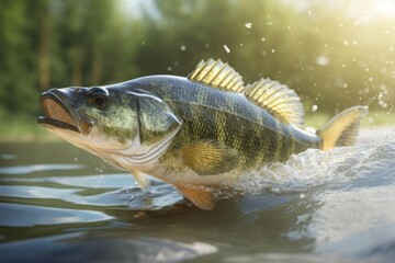 Small bass taking off river in sun light. Fly wild water recreation release. Generate Ai