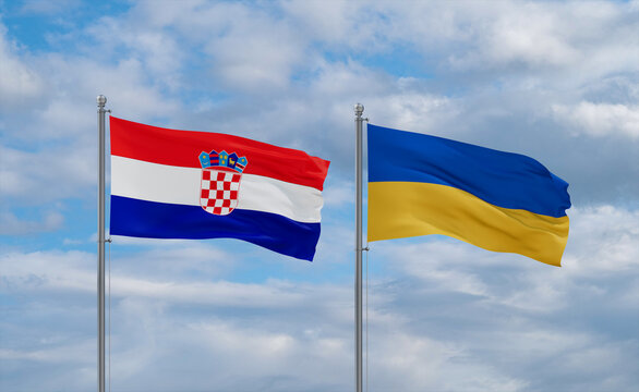 Ukraine and Croatia flags, country relationship concept