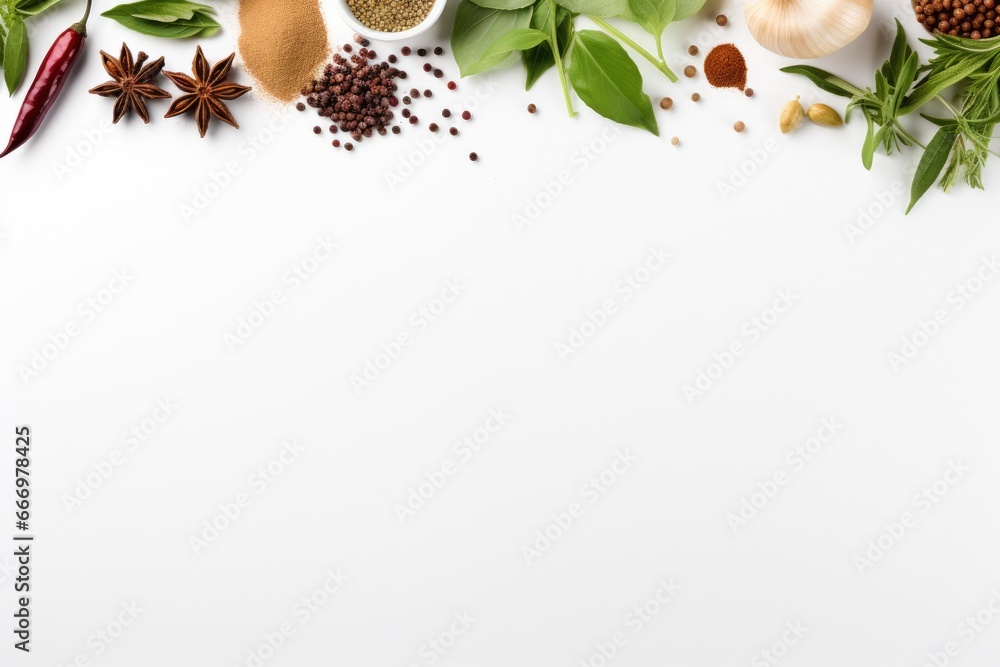 Poster herbs and spices on white background, top view with copy space, herbs and spices selection on white 