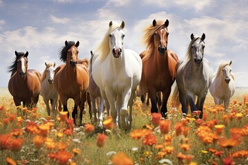 Herd of horses in a field of flowers in the spring, Herd of horses standing on a floral meadow, AI Generated