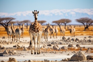 Fototapeta na wymiar Giraffe in the Etosha National Park, Namibia, Herd of giraffes and zebras in Etosha National Park, Namibia, AI Generated
