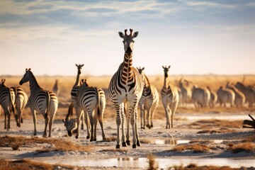 Group of zebras in Etosha National Park, Namibia, Herd of giraffes and zebras in Etosha National Park, Namibia, AI Generated - obrazy, fototapety, plakaty