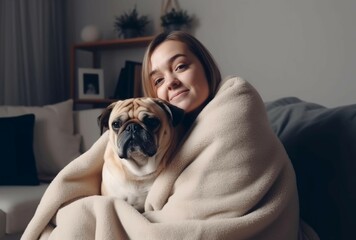Smiling woman in blanket with pug. Cute person love animal puppy. Generate Ai
