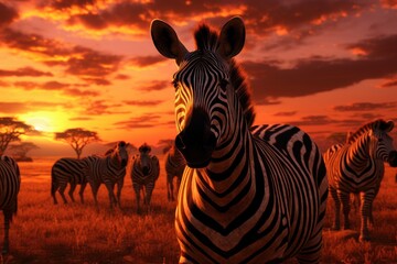 Fototapeta na wymiar Zebra in the savannah at sunset. 3D illustration, Herd of zebras in the savannah at sunset, AI Generated