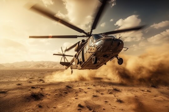 Military helicopter flying over the desert. 3D Rendering. Selective focus, Helicopter in the desert. Military scene. 3d render, Attack helicopters flying in a warzone and shooting, AI Generated
