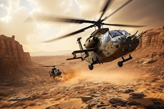 Helicopter in the desert. 3D illustration. Render, Helicopter in the desert. Military scene. 3d render, Attack helicopters flying in a warzone and shooting, AI Generated