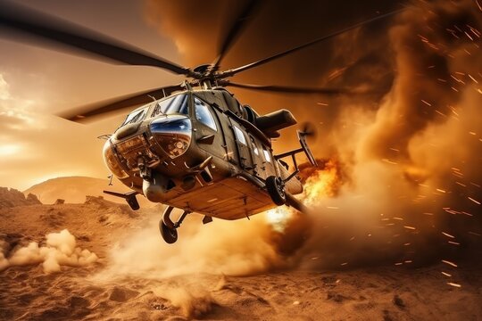 Helicopter in the fire. 3D illustration. Military background, Helicopter in the desert. Military scene. 3d render, Attack helicopters flying in a warzone and shooting, AI Generated