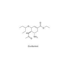 Oseltamivir flat skeletal molecular structure Neuraminidase inhibitor drug used in Influenza treatment. Vector illustration scientific diagram.