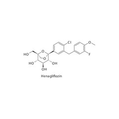 Henagliflozin flat skeletal molecular structure SGLT2 inhibitor drug used in Type 2 diabetes treatment. Vector illustration scientific diagram.