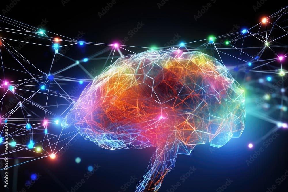 Poster conceptual background image with human brain and connection lines. 3d rendering, holographic future'