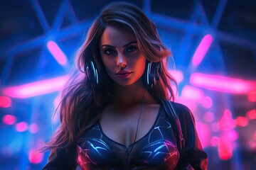 Portrait of a beautiful young woman in neon lights. Night club, Hot girl DJ in neon lights. Poster of sexy TDJ at the night club party, AI Generated