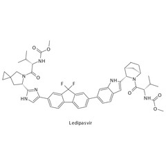 Ledipasvir  flat skeletal molecular structure Protease inhibitor antivral, NS5A drug used in Hepatitis C treatment. Vector illustration scientific diagram.