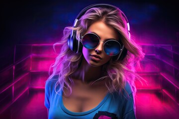 Beautiful young woman with headphones listening to music. Disco club, Hot girl DJ in neon lights. Poster of sexy TDJ at the night club party, AI Generated - obrazy, fototapety, plakaty