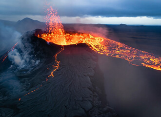 Volcano eruption in Iceland at night, bird's eye view