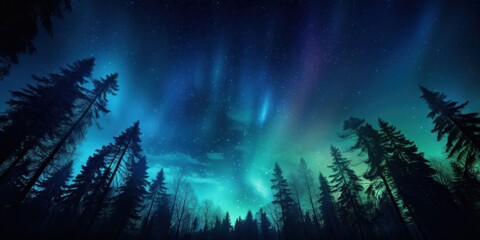 Fototapeta na wymiar night sky in forest, view of star on night sky through tree brunches. AI Generative