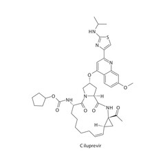 Ciluprevir flat skeletal molecular structure Protease inhibitor antivral, NS3 4A drug used in Hepatitis C treatment. Vector illustration scientific diagram.