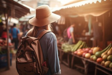Woman tourist with backpack at local market morning. Tourism nature summer outdoor. Generate Ai - obrazy, fototapety, plakaty