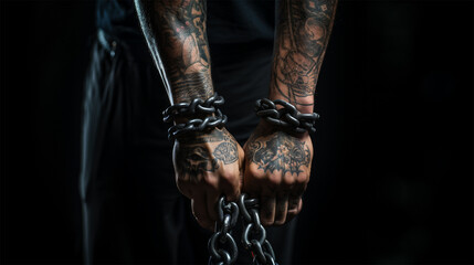 Fototapeta na wymiar hands of a man in chains. Anti-slavery and illegal imprisonment concept .