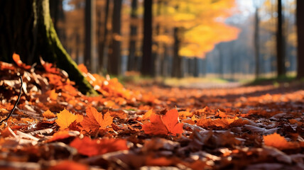 autumn leaves on the ground. autumn forest in the morning.