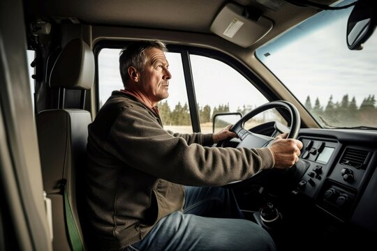 Male truck driver working vehicle cabin. Transport delivery mode road window. Generate Ai