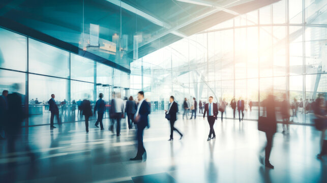 Image of people in the lobby of a modern business center with a blurred background. AI Generated