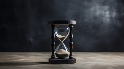 Black hourglass on a wooden table with old gray concrete. - obrazy, fototapety, plakaty