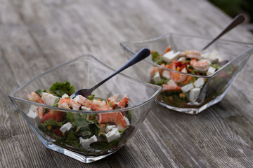 zwei gesunde low carb Salate mit Riesengarnelen in Glasschüsseln auf einem rustikalen Holztisch auf der Terrasse