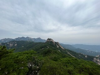 beautiful view of the blue sky and high mountain range