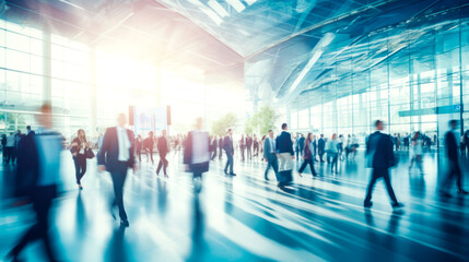 Image of people in the lobby of a modern business center with a blurred background. AI Generated