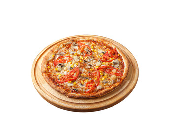 delicious pizza with chicken, mushrooms, cheese, tomatoes and corn on a wooden background, on an isolated white background close-up