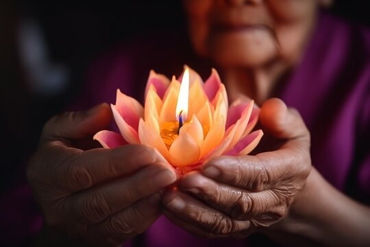 Wax candle lotus flower in hands. Bloom light decoration temple floral. Generate Ai