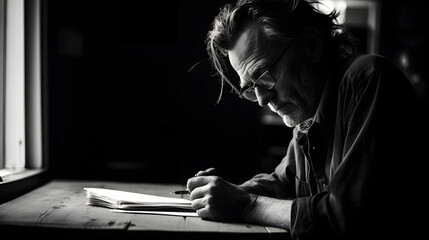 An intimate black-and-white portrait of a poet immersed in writing capturing the depths of their creative process. - obrazy, fototapety, plakaty