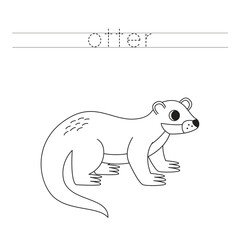 Trace the letters and color cartoon otter. Handwriting practice for kids.