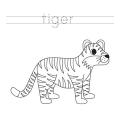 Trace the letters and color cartoon tiger. Handwriting practice for kids.