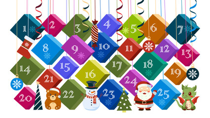 Advent calendar. Small, bright, colorful hanging boxes with gifts.