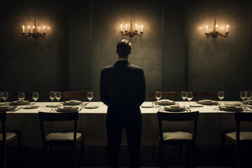 Dinner Party, Modern Restaurant, Unrecognizable Man Standing Alone