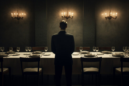 Dinner Party, Modern Restaurant, Unrecognizable Man Standing Alone