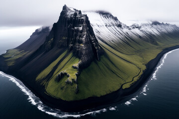 Aerial view of a mountainous island with a dramatic coastline. The island is covered in green grass and has steep cliffs, dark ocean with white waves crashing against the shore, fog - obrazy, fototapety, plakaty